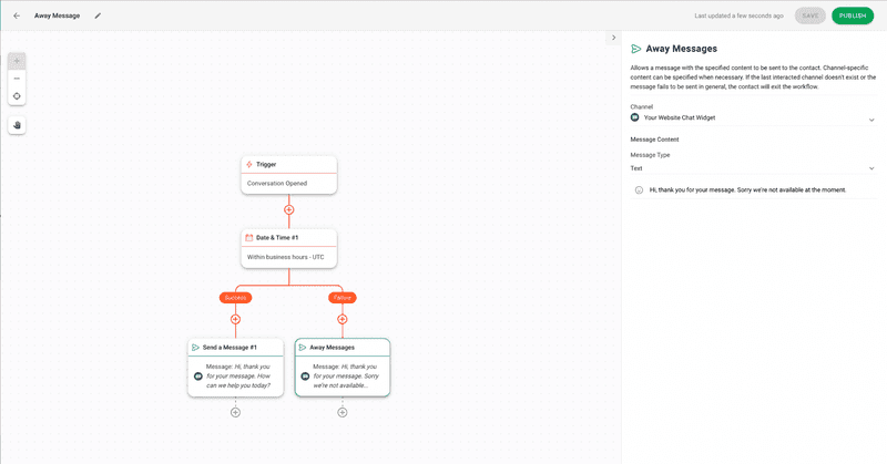 Esta é uma captura de ecrã que mostra os passos para configurar mensagens de ausência nos fluxos de trabalho de respond.io