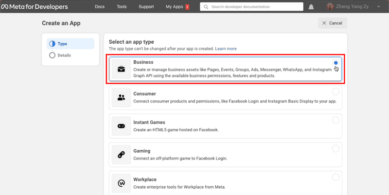 cara menggunakan whatsapp cloud api: Pilih Bisnis sebagai jenis aplikasi Anda.