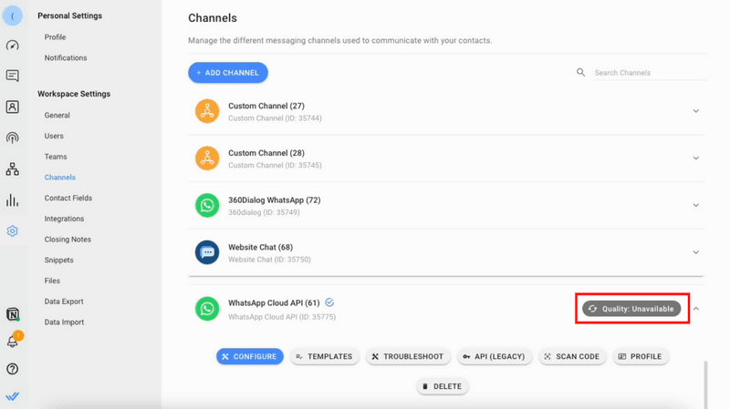 Fare clic sul pulsante Qualità per ottenere l'ultima valutazione della qualità del numero di telefono WhatsApp Business .