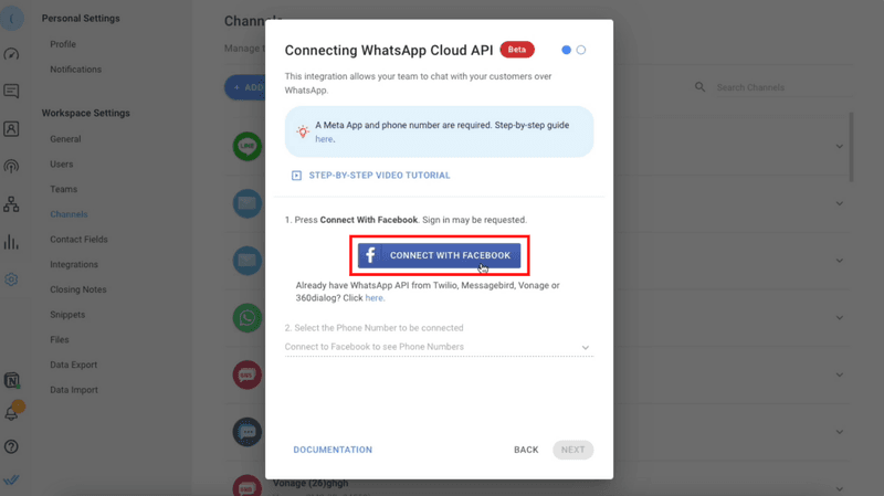 Click Connect With Facebook. You’ll be prompted to choose the WhatsApp Cloud API Account you want to use with respond.io and the Business Manager account tied to the WhatsApp Cloud API Account you've selected.