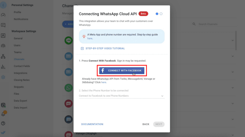 Fare clic su Connetti con Facebook. Verrà richiesto di scegliere l'account WhatsApp Cloud API  che si desidera utilizzare con respond.io e l'account Business Manager legato all'account WhatsApp Cloud API  selezionato.