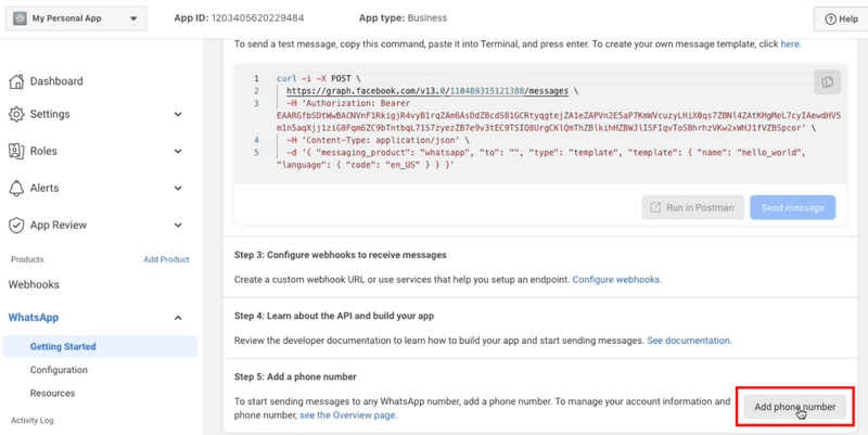 Cara menghubungkan nomor telepon Anda dengan akun WhatsApp Cloud API : Klik Tambahkan Nomor Telepon untuk menghubungkan nomor telepon ke akun WhatsApp Cloud API  Anda.