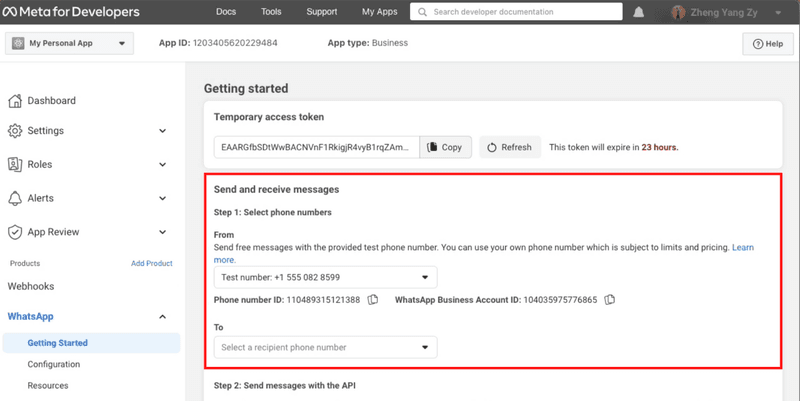 Kirim pesan dengan nomor pengujian yang dibuat oleh WhatsApp ke nomor telepon yang terdaftar di WhatsApp untuk menguji apakah integrasi Anda berhasil. Perhatikan bahwa langkah ini bersifat opsional. Anda dapat melewatkan langkah ini dan menambahkan nomor telepon Anda sendiri ke Akun WhatsApp Cloud API  .