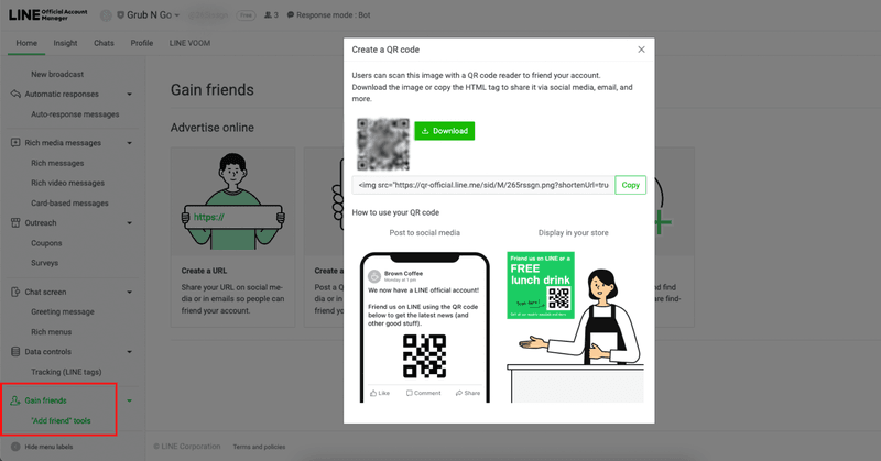 This is an screenshot that describes how to scan line qr code on line official account manager. After logging in, you need to click gain friends and then click add friend tools. Then, select create a qr code to generate web line login qr code. Download the scan line qr code to share it with your contacts. 