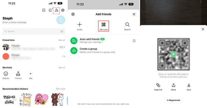 This is a screenshot that describes how to update qr code in line app. First, tap add friend on your line home screen, then tap the qr icon and finally tap my qr code to show your line web login qr code.