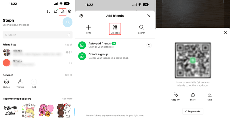 Esta es una captura de pantalla que describe cómo actualizar el código qr en la aplicación de Line. En primer lugar, pulse añadir amigo en la pantalla de inicio de línea, a continuación, pulse el icono qr y, finalmente, pulse mi código qr para mostrar su código qr de inicio de sesión web de línea.