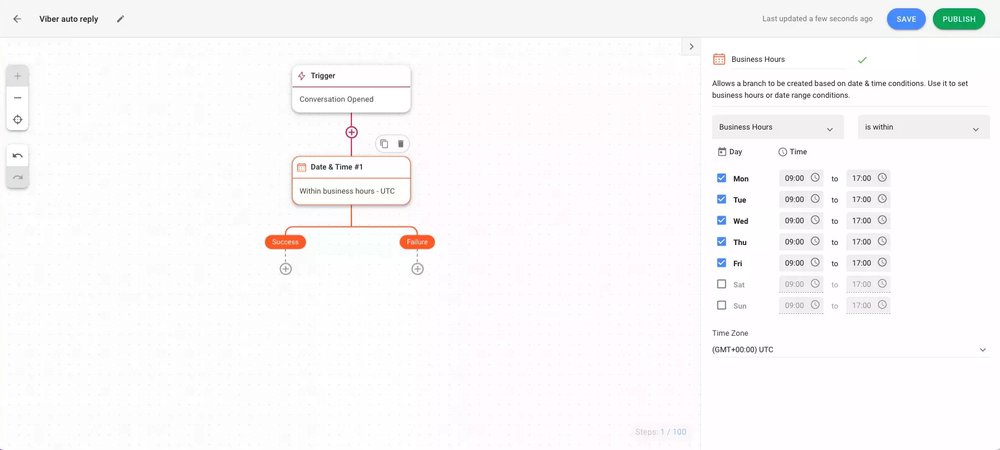 Esta é uma captura de ecrã do terceiro passo da definição da resposta automática em viber. Aqui, é necessário adicionar o seu horário de funcionamento ao fluxo de trabalho. 