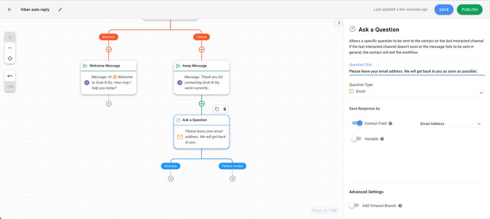 Esta é uma captura de ecrã que descreve o passo final de como definir a resposta automática em viber. Adicione o passo fazer uma pergunta para recolher as informações dos clientes e atendê-los quando estiver novamente em linha.