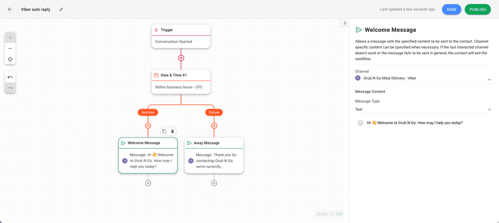 Esta é uma captura de ecrã que descreve o quinto passo da configuração do bot de resposta automática viber . Agora, é altura de redigir as mensagens de boas-vindas e de ausência. 