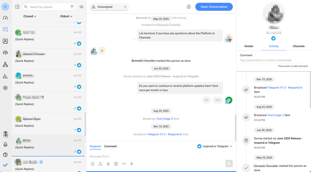 This image shows the respond.io omnichannel Messaging Module, which you can use to send Telegram pop up notifications, as well as push notifications through other messaging channels 