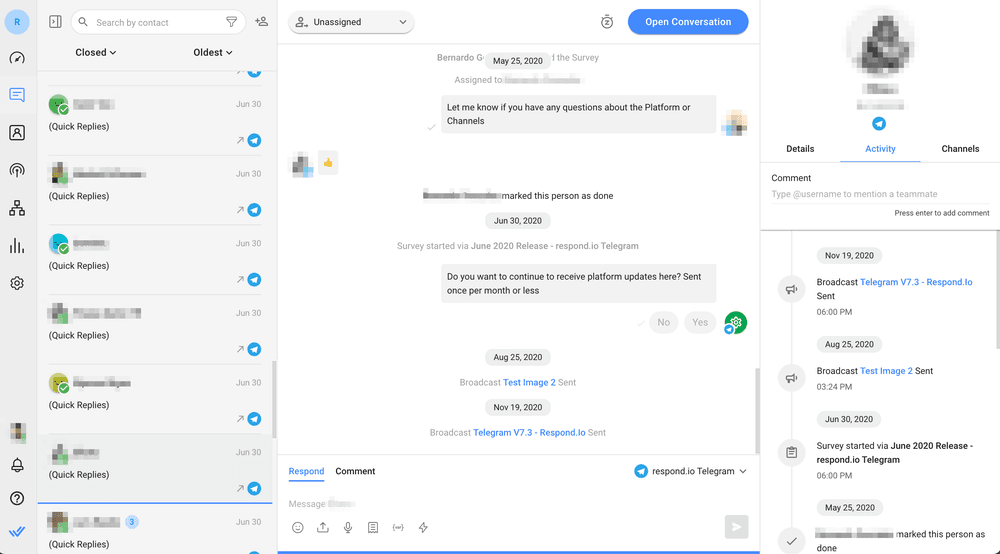 ภาพนี้แสดง respond.io โมดูลการส่งข้อความแบบ Omnichannel ซึ่งคุณสามารถใช้เพื่อส่งได้ Telegram การแจ้งเตือนป๊อปอัปรวมถึงการแจ้งเตือนแบบพุชผ่านช่องทางการส่งข้อความอื่น ๆ 