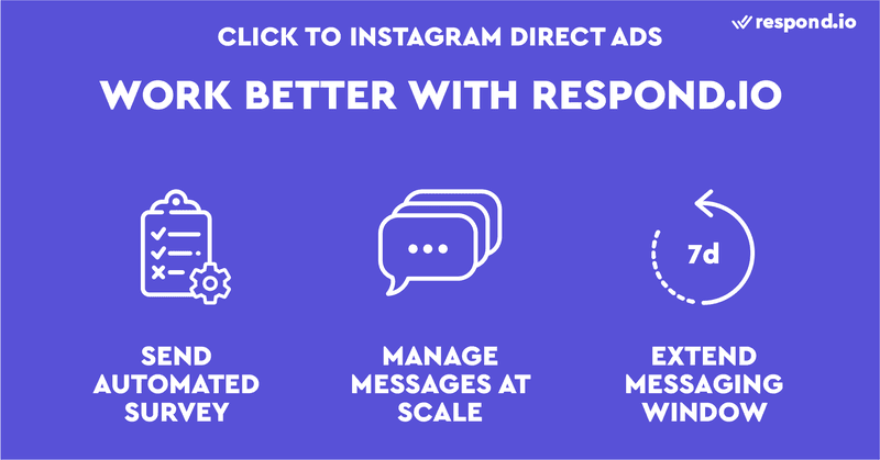 นี่คือภาพแสดงวิธีการ คลิกเพื่อ Instagram โฆษณาโดยตรงและ respond.io ทํางานร่วมกันได้ดีขึ้น Respond.io ช่วยให้คุณมีคุณสมบัติ Instagram นําไปสู่ได้เร็วขึ้นผ่านแบบสํารวจอัตโนมัติ นอกจากนี้เรายังทําให้สามารถจัดการข้อความในวงกว้างและขยายหน้าต่างการส่งข้อความตลอด 24 ชั่วโมงเป็น 7 วัน
