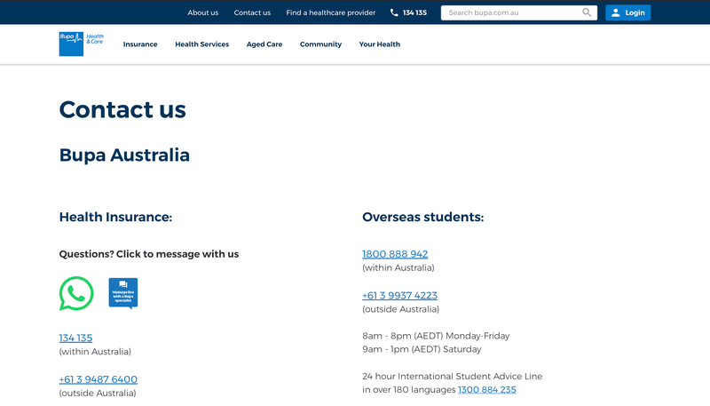 Đây là hình ảnh của một liên kết trò chuyện WhatsApp của Bupa Australia. Có hai cách để bắt đầu cuộc trò chuyện. Trong cuộc gọi, bạn có thể được chuyển hướng đến WhatsApp bằng giọng nói tự động. Hoặc bạn có thể bắt đầu bằng cách sử dụng liên kết trò chuyện WhatsApp trên trang web của họ.  Bupa Australia gần đây đã ra mắt dịch vụ khách hàng WhatsApp để cho phép khách hàng giải quyết các thắc mắc bảo hiểm của họ khi đang di chuyển. 