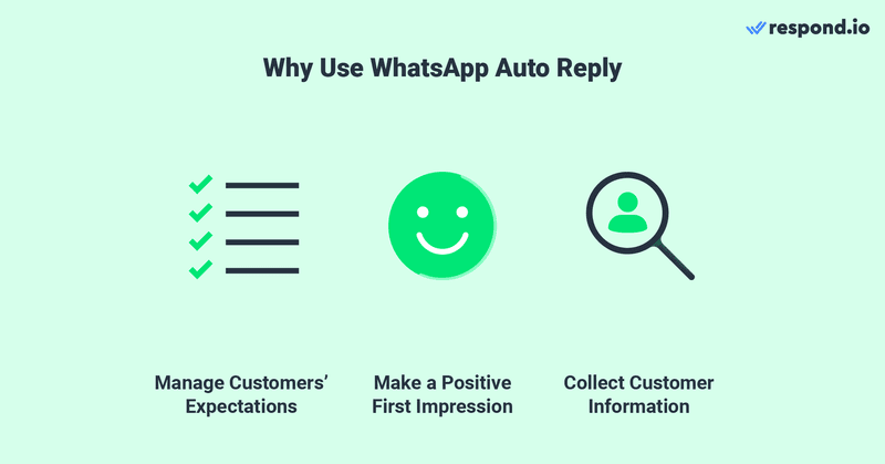 Esta imagem fala sobre os benefícios de utilizar a resposta automática do WhatsApp para o seu negócio, incluindo gerir as expectativas dos clientes, causar uma primeira impressão forte e recolher informações sobre os clientes. Quer saber como enviar uma resposta automática no WhatsApp? Continue a ler para descobrir.