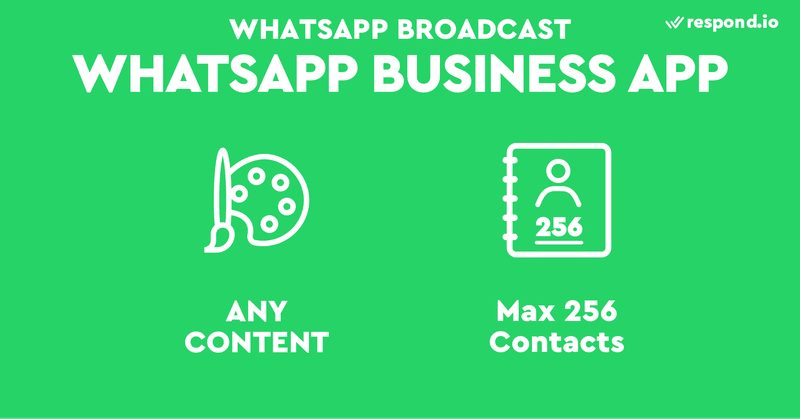 Ứng dụng WhatsApp Business dành cho các doanh nghiệp nhỏ. Nó cho phép tối đa 256 địa chỉ liên hệ trên mỗi danh sách phát sóng và bạn có thể gửi bất kỳ hình thức nội dung nào bao gồm cả tin nhắn quảng cáo. 