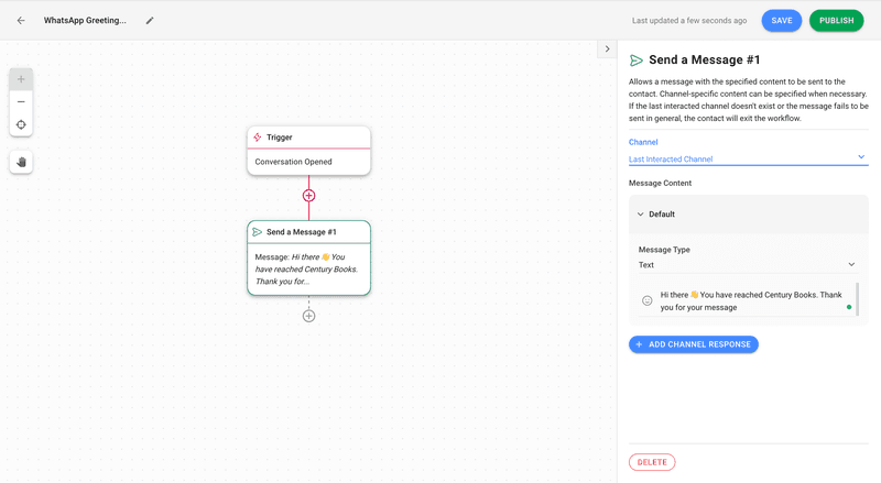 這是一張如何向客戶打招呼的圖片 respond.io.企業將需要一個WhatsApp API 帳戶和 respond.io 帳戶。然後，在「工作流」中構建所需的稱呼，並將觸發器設置為「對話已打開」。創建「發送消息」步驟，並在填寫文本之前選擇 WhatsApp 作為所需的頻道。