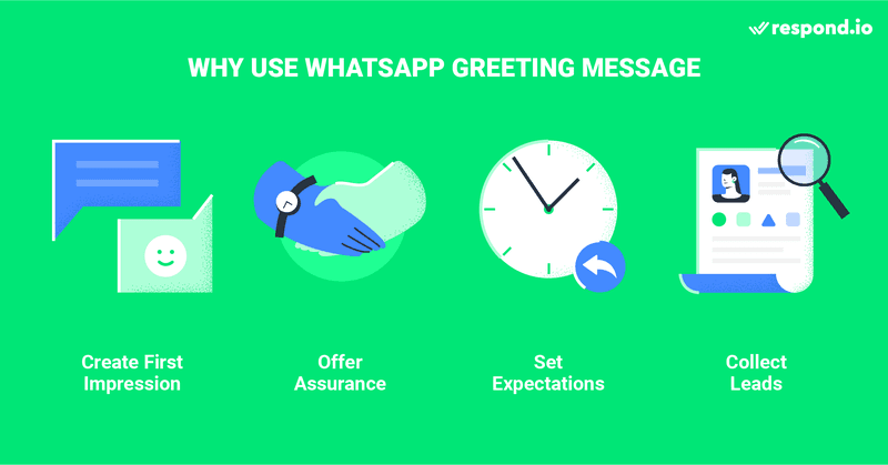 這張圖片描繪了向客戶發送 WhatsApp 歡迎消息的令人信服的理由。它們包括創造良好的第一印象，為需要幫助的沮喪客戶提供保證，設定回應時間的期望以及收集潛在客戶以將客戶轉變為聯繫人