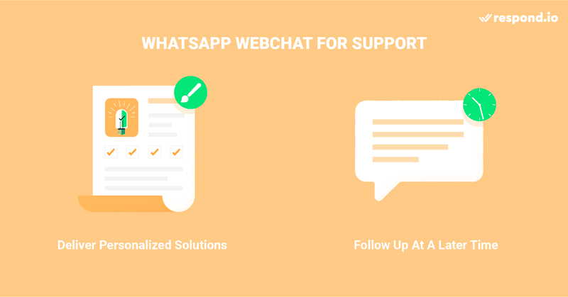 这是一张关于使用 WhatsApp Chat Widget for Website 进行客户支持的好处的图片。在 WhatsApp 网络聊天中，您可以轻松识别您的客户并根据他们的需求定制解决方案。跟 respond.io在共享收件箱中，支持团队甚至可以跟踪联系人在成为客户之前与销售团队的对话。此外，当找到解决方案时，您可以重新打开 WhatsApp 网络聊天对话。要了解有关 Wordpress 的 whatsapp 聊天的更多信息，请参阅 respond.io 文档。