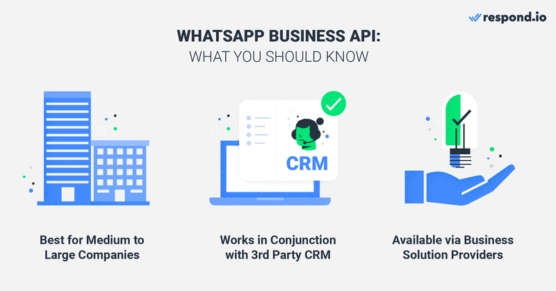 这张图片说明了WhatsApp的基础知识 API.有三个WhatsApp API 你应该知道的事实。WhatsApp的 API 专为大中型企业设计。没有界面，WhatsApp API 与WhatsApp CRM结合使用。WhatsApp的 API 仅通过 WhatsApp Business 解决方案提供商提供。