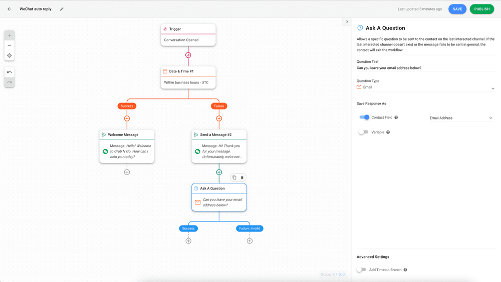 Questa è una schermata che mostra l'ultimo passo per impostare i messaggi di risposta automatica su respond.io. Aggiungete il passo "Fai una domanda" per ottenere le informazioni dei clienti in modo da poterli contattare quando sarete di nuovo online.