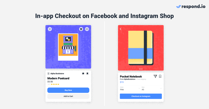 This image shows how to Facebook Pay on Facebook and Instagram Shops. Meta Pay allows customers to buy directly from Facebook and Instagram Shop in the US.