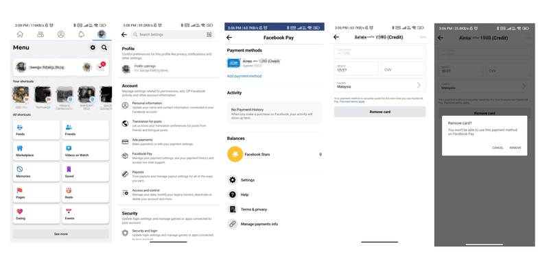 This image shows how do you set up Facebook Pay, and how to remove payment methods.