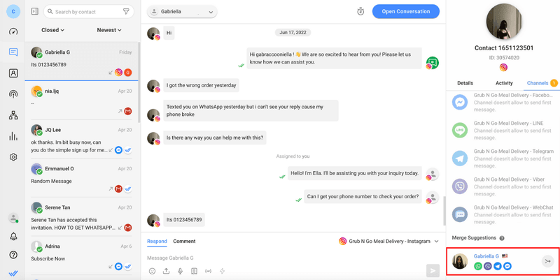 Customers will try to contact businesses over multiple channels, and they expect businesses to know their previous conversation history no matter which channels their past chats took place on. To help you get a comprehensive view of a customer, respond.io allows you to merge all Contact details and conversation history across channels into a unified profile. This way, a customer’s conversation will be in one thread, preventing siloed conversations.  It also allows customers to continue a conversation from one channel to another without having to restart their conversation. This will help agents understand customers’ contexts and select the most effective way to help them.