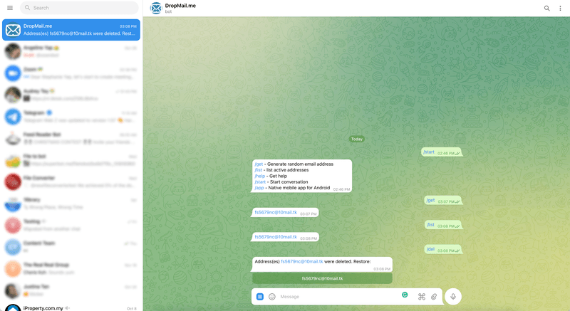 Это скриншот, показывающий, как использовать бота DropMail для генерации временного адреса email.