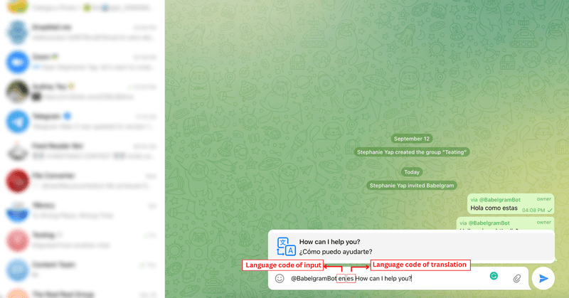 Это скриншот, показывающий, как использовать Babelgram для автоматического перевода ваших сообщений в Телеграм. 