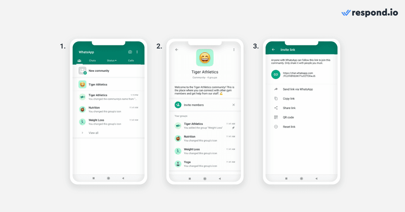 Dieses Bild zeigt, wie man Gemeinschaften auf WhatsApp mithilfe eines Einladungslinks vergrößern kann. Ein Administrator muss den Einladungslink teilen, um Mitglieder in eine WhatsApp-Gemeinschaft zu bringen. Dies ist über die WhatsApp-App auf Ihrem Telefon oder Desktop möglich.