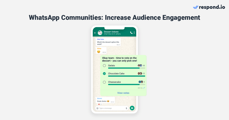 Dieses Bild zeigt, wie man mit Hilfe von Umfragen das Engagement der Zielgruppe in WhatsApp-Communities erhöhen kann. Zum Beispiel könnte ein Lebensmittel- und Getränkehersteller WhatsApp-Umfragen verwenden, um eine Kundengruppe nach ihrem Lieblingsgetränkegeschmack zu fragen. In ähnlicher Weise könnte ein Veranstalter WhatsApp-Umfragen verwenden, um zu schätzen, wie viele Personen an einer privaten Party teilnehmen. 