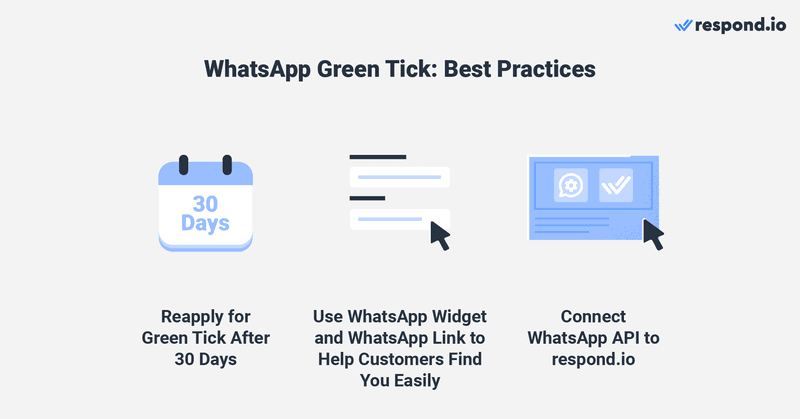 zecca verde mark whatsapp best practices dopo la richiesta della zecca verde: Se richiedete una zecca verde da soli, in genere ci vogliono circa 2-4 giorni lavorativi per sapere se la vostra domanda è andata a buon fine. Se la domanda viene respinta, è possibile richiedere nuovamente la verifica della zecca verde dopo 30 giorni. Tuttavia, Meta incoraggia le aziende a prendersi del tempo per costruire la presenza dell'azienda negli articoli di cronaca prima di ripresentare la domanda. Contrariamente a quanto si pensa, avere una pagina Facebook o un profilo Instagram verificati non significa essere verificati su WhatsApp. Ci sono però alcuni altri modi per associare l'account WhatsApp alla propria attività.  Ad esempio, potete aggiungere un widget WhatsApp sul vostro sito web e un link WhatsApp sul vostro profilo Instagram e sulla vostra pagina Facebook per aiutare i clienti a raggiungere facilmente il vostro account WhatsApp autentico. Se attualmente utilizzate l'app WhatsApp Business e desiderate passare a WhatsApp API per richiedere la spunta verde, create il vostro account WhatsApp API tramite un BSP o direttamente da Meta e collegatelo a respond.io. Collegando il vostro API a respond.io, potrete utilizzare WhatsApp business con più utenti e collegare il vostro WhatsApp CRM per condurre attività di marketing, vendita, assistenza e altro ancora da un'unica piattaforma. Ora che vi abbiamo mostrato tutto quello che c'è da sapere, speriamo che possiate fare domanda e ottenere la spunta verde in poco tempo!