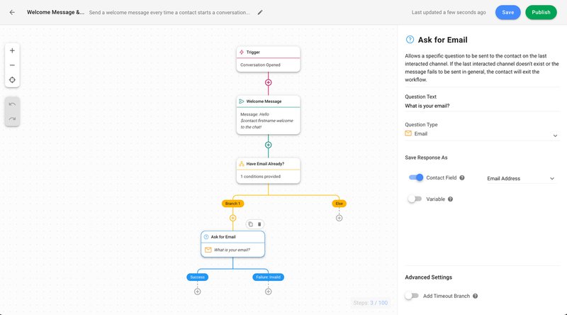 Esta imagen muestra automatizaciones de WhatsApp creadas con respond.io Workflows. Con esta configuración, puede saludar automáticamente a los clientes que se pongan en contacto con su empresa a través de WhatsApp