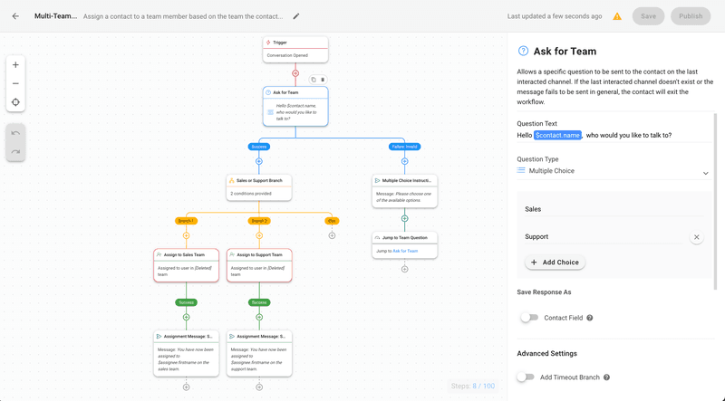 Esta imagen muestra el enrutamiento del chat y la asignación de agentes con respond.io's Workflows