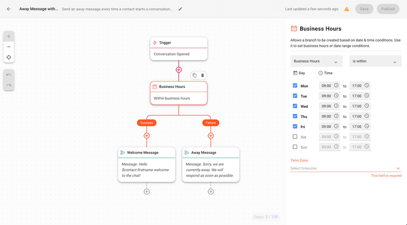 Esta imagen muestra la automatización de bots de WhatsApp creada con los flujos de trabajo de respond.io. Con esta configuración, puede enviar mensajes cuando los clientes de WhatsApp se pongan en contacto con usted fuera del horario comercial.