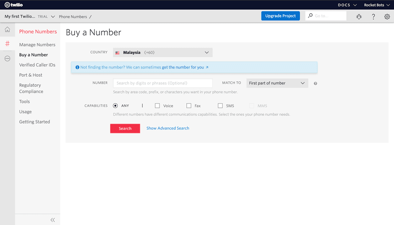 Ini adalah gambar yang menunjukkan langkah kedua dalam menyiapkan nomor telepon untuk twilio. Jika Anda tidak menyukai nomor yang dipilihkan oleh Twilio untuk Anda, pilihlah nomor telepon lain yang paling sesuai dengan kebutuhan perusahaan Anda. Anda dapat memilih nomor dari negara mana pun yang tersedia di Twilio.