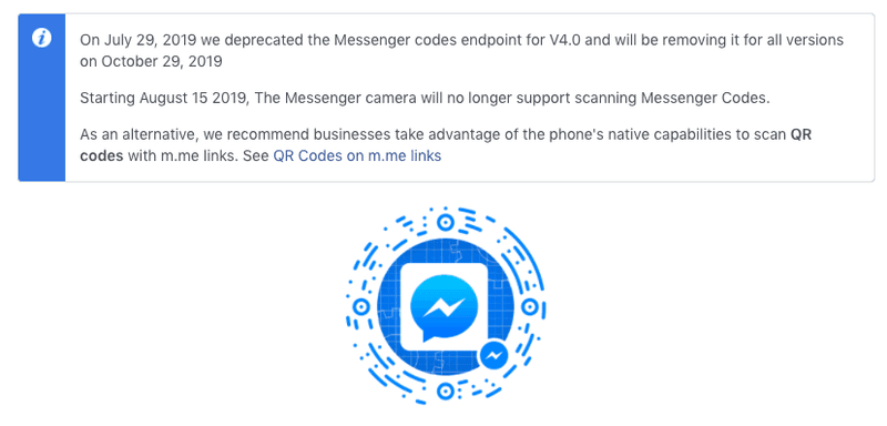 這是一張圖片，顯示了Facebook宣佈 Messenger 代碼已棄用的公告。但是，您仍然可以為facebook製作二維碼，在我們的博客上瞭解如何操作。