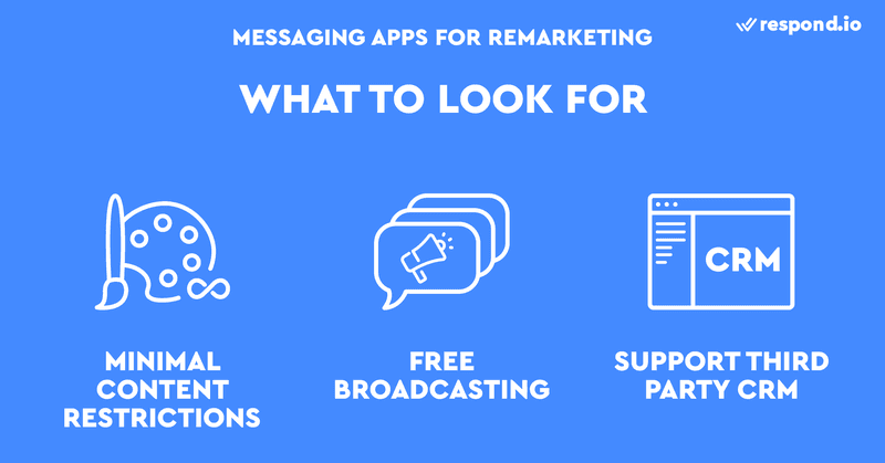 This is an image about how to choose the best instant message app. Look for one with minimal Content restriction, low Broadcasting fee and ability to third-party CRM