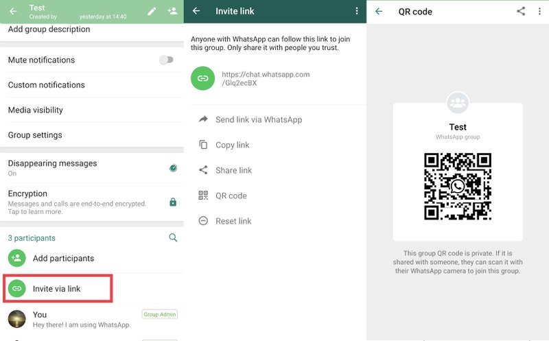 Dies ist ein Bild, das zeigt, wie man einer WhatsApp-Gruppe mit einem WhatsApp-Gruppen-Link und einem WhatsApp-QR-Code beitritt 