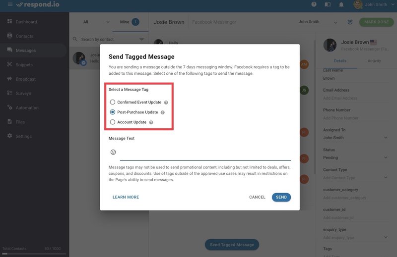 Cette image montre comment utiliser une étiquette de message sur respond.io. La deuxième étape consiste à sélectionner une balise de message appropriée en fonction du contenu du message.