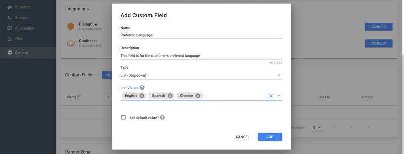 Buat Bidang Khusus untuk Merekam Data untuk memulai Otomasi Obrolan.