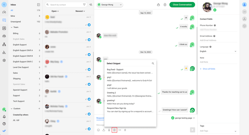 whatsapp business hızlı yanıt örneğini gösteren bir görüntü respond.io