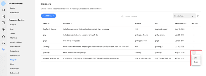 üzerinde whatsapp hızlı yanıtının nasıl düzenleneceğini gösteren bir görüntü respond.io