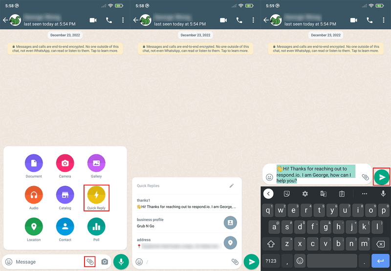 whatsapp hızlı yanıtlarının nasıl gönderileceğini gösteren bir görüntü
