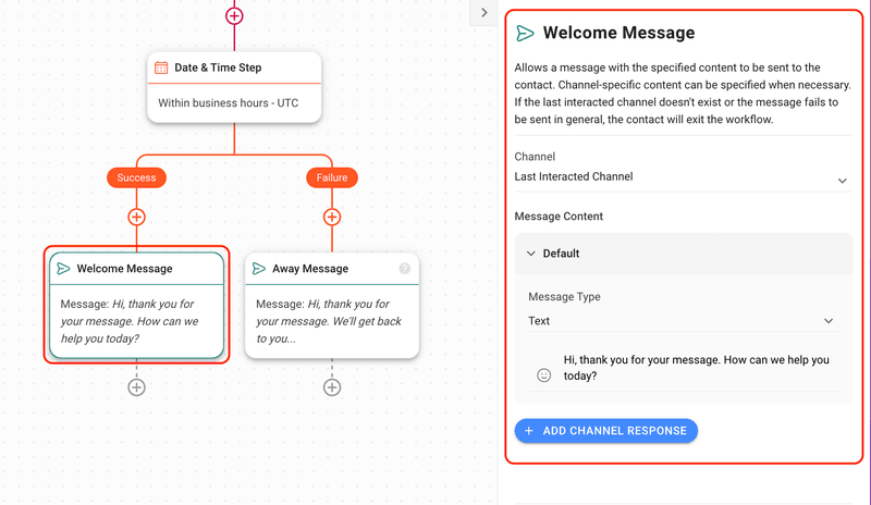 Esta es una captura de pantalla que muestra cómo configurar un mensaje de bienvenida en respond.io. Las empresas pueden conectarse a respond.io y configurar mensajes de bienvenida. 