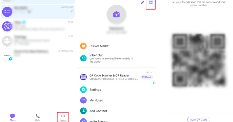 這是描述如何掃描的圖像 viber 二維碼。首先，在你的 Viber 應用程式，按兩下底部面板上的三個點。然後點擊 Viber QR按鈕。最後，分享您的二維碼 viber 給您的客戶。這就是打開二維碼掃描器的方法 viber. 