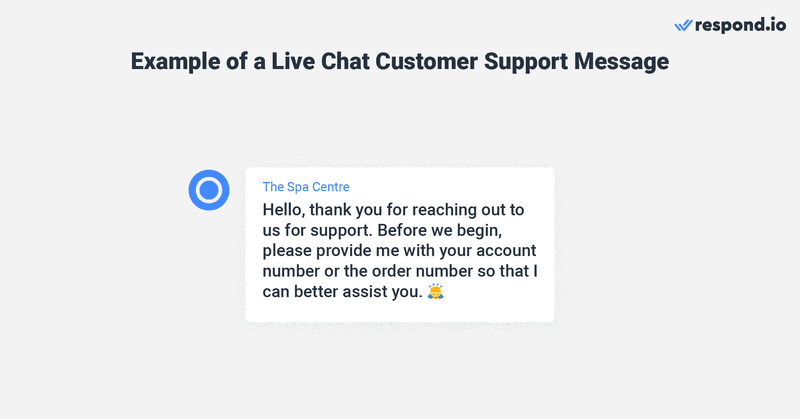 Это изображение показывает пример сообщения службы поддержки клиентов в чате. Здравствуйте, спасибо, что обратились к нам за поддержкой. Прежде чем мы начнем, пожалуйста, сообщите номер вашего счета или номер заказа, чтобы мы могли лучше помочь вам. 🙇♀️