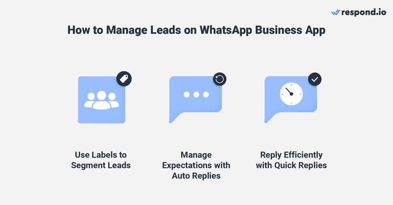 Ứng dụng WhatsApp Business có tất cả các công cụ cần thiết cho các doanh nghiệp nhỏ để quản lý các cuộc trò chuyện trên WhatsApp. Ví dụ: khi một liên hệ mới nhắn tin cho họ, họ có thể sử dụng nhãn để phân đoạn khách hàng tiềm năng thành các nhóm khác nhau dựa trên địa lý, mức độ ưu tiên, ngôn ngữ và hơn thế nữa. Điều này cho phép họ nhắm mục tiêu các địa chỉ liên hệ với các thông điệp quảng bá của họ, dẫn đến việc tạo khách hàng tiềm năng hiệu quả hơn. Như đã đề cập trước đó, người dùng WhatsApp thường mong đợi câu trả lời nhanh từ các doanh nghiệp. Để giúp quản lý kỳ vọng của mình, doanh nghiệp có thể gửi tin nhắn chào mừng tự động để chào đón khách hàng mới và tin nhắn vắng mặt khi khách hàng tiềm năng nhắn tin cho họ ngoài giờ hoạt động kinh doanh. Vì các đại diện bán hàng có thể mệt mỏi và mất thời gian để trả lời cùng một câu hỏi nhiều lần, các doanh nghiệp có thể thiết lập câu trả lời được xác định trước cho các câu hỏi thường gặp bằng tính năng trả lời nhanh. Ứng dụng WhatsApp Business là một lựa chọn tốt cho các doanh nghiệp từ nhỏ đến nhỏ muốn tạo và quản lý khách hàng tiềm năng trên WhatsApp. Tuy nhiên, khi nhóm của bạn phát triển, bạn sẽ nhận thấy rằng ứng dụng không thể xử lý khối lượng tin nhắn từ trung bình đến cao, thiếu các tính năng tự động hóa nâng cao, không thể xác định tổng đài viên nào phụ trách một cuộc trò chuyện nhất định và hơn thế nữa. Đây là lúc bạn cần nâng cấp lên WhatsApp API và kết nối nó với respond.io. Bây giờ, hãy xem làm thế nào respond.io có thể giúp bạn quản lý các cuộc trò chuyện với khách hàng tiềm năng WhatsApp.