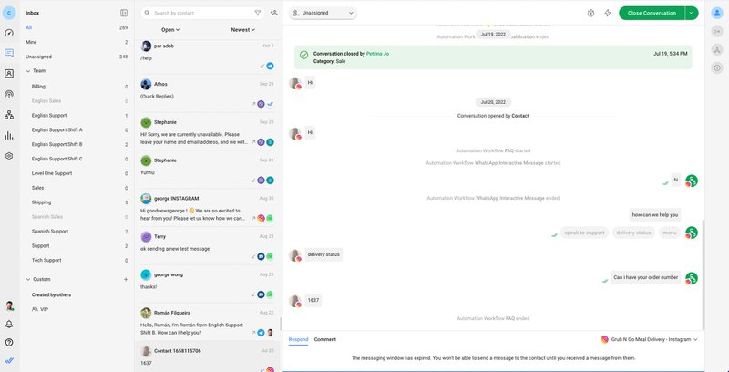 ภาพนี้แสดง respond.ioกล่องจดหมาย Omnichannel ของ WhatsApp ในการดูแลสุขภาพ กล่องจดหมาย Omnichannel นี้ให้ประวัติการให้คําปรึกษาที่สมบูรณ์สําหรับผู้ป่วยแต่ละราย โดยรวมการสนทนาในช่องทางต่างๆ ซึ่งหมายความว่าผู้ให้บริการสามารถตรวจสอบข้อความก่อนหน้าของผู้ป่วยได้อย่างรวดเร็ว