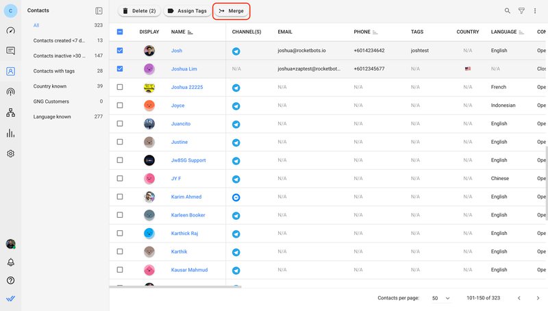 This is a screenshot that shows how you can use contact merge function on respond.io to recognize returning contacts and merges customer profiles and conversation histories into a single thread. 